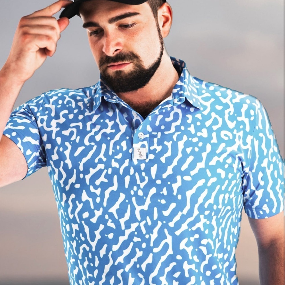 Two Friends Golf Blue Baller Patterned Men's Golf Shirt Sz Medium